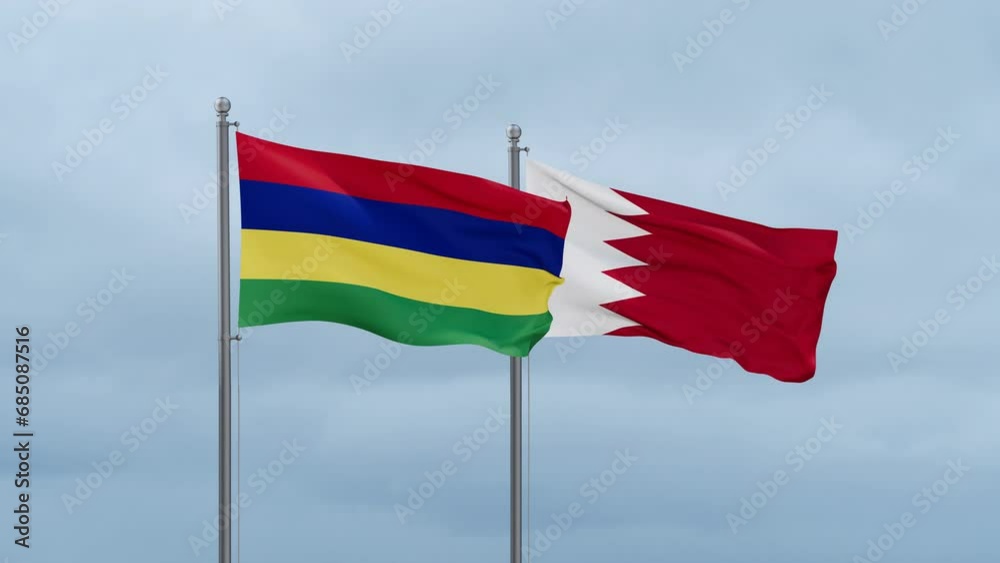 Bahrain flag and Mauritius flag waving together on cloudy sky, endless seamless loop, two country relations concept Bahrain flag and Mauritius flag waving together on cloudy sky, endless seamless loop, two country relations concept