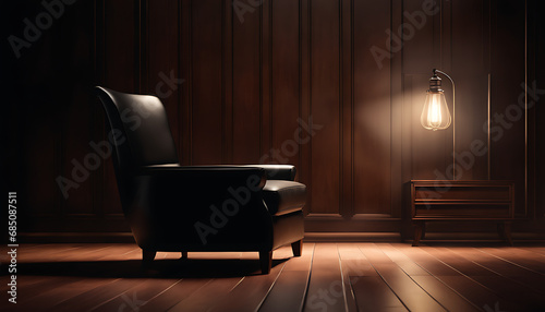 A sleek black chair sits alone in a dimly lit wooden room, illuminated only by a lamp, capturing minimalism and a calm ambiance. 