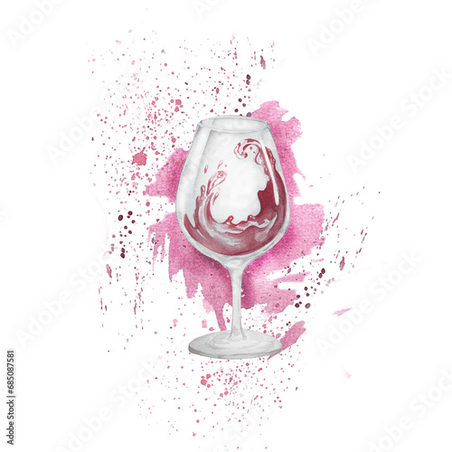 Red wine glass with bright splash. watercolor illustration. Hand drawn element. C glass with cabernet, merlot, chianti wine on white background.