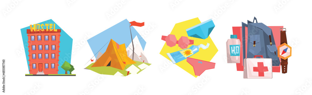 Travel and Tourism with Hotel, Camp, Backpack and Beach Stuff Vector Set