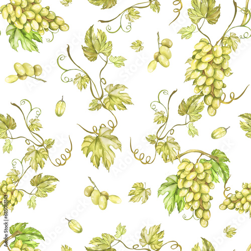 Fototapeta Naklejka Na Ścianę i Meble -  Seamless pattern - green grape, grape vine and leaves. Watercolor illustration. For the design of cafe and restaurant menus, labels and kitchen textiles.