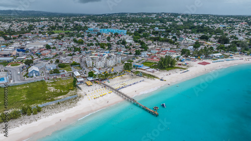 Aerial landscape view of Bay Area of Carlisle Bay at Bridgetown, Capital of Barbados around "Brownes Beach" with white sand beach and amazing turquoise water 