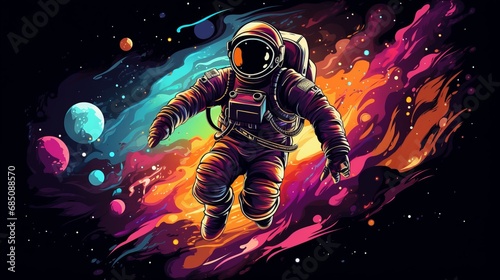 glowing galaxy explorer: colorful astronaut amid peaceful cosmic clouds, space concept illustration for poster, banner, invitation, greeting card or cover design
