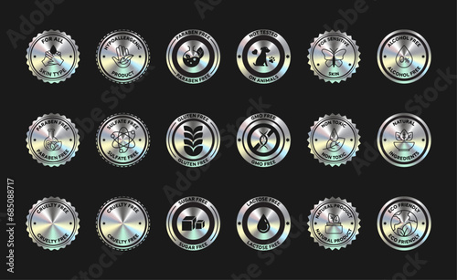 Cosmetics and Medical icon. Organic natural products alcohol, fragrance, chemical, and silicone free icons for packaging. Round stamps and badges vector set.