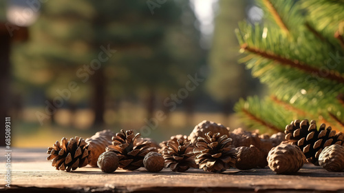 Pine Cones and Needles on a Wooden Surface in a Forest Setting