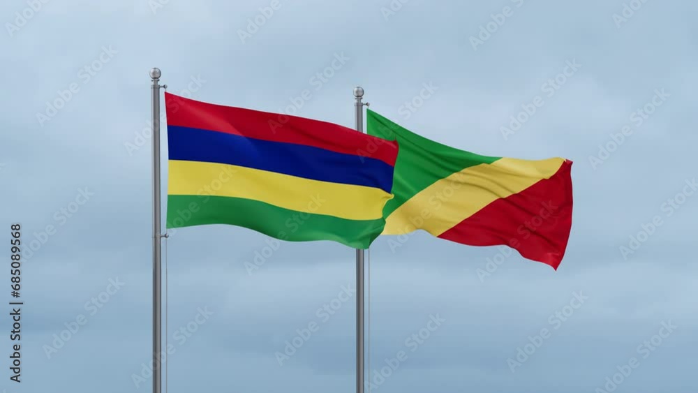 Republic of the Congo flag and Mauritius flag waving together on cloudy sky, endless seamless loop, two country relations concept Republic of the Congo flag and Mauritius flag waving together on cloudy sky, endless seamless loop, two country relations concept