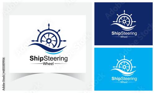 Ship Steering Wheel Logo Design Template With Water.