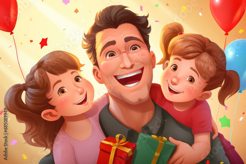 father holding his daughters with balloons in background, happy father's day concept with cartoon illustration.