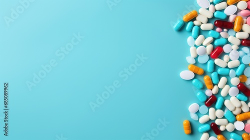 Pharmaceutical symmetry: A plethora of pills arranged neatly on a light blue surface, leaving room for text.