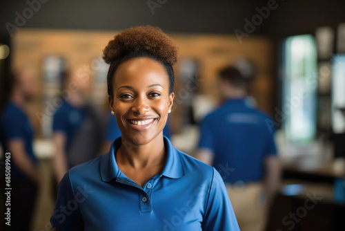 Fototapet Happy female african american retail clerk worker posing in the commerce smiling