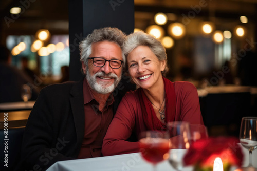 A mature romantic couple sit in a restaurant, seniors in love, looking at camera