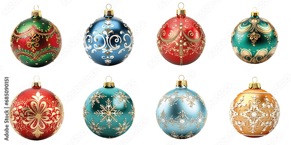 Collection of traditional Christmas baubles, several blue, green, red, golden ornamental xmas balls isolated on transparent background