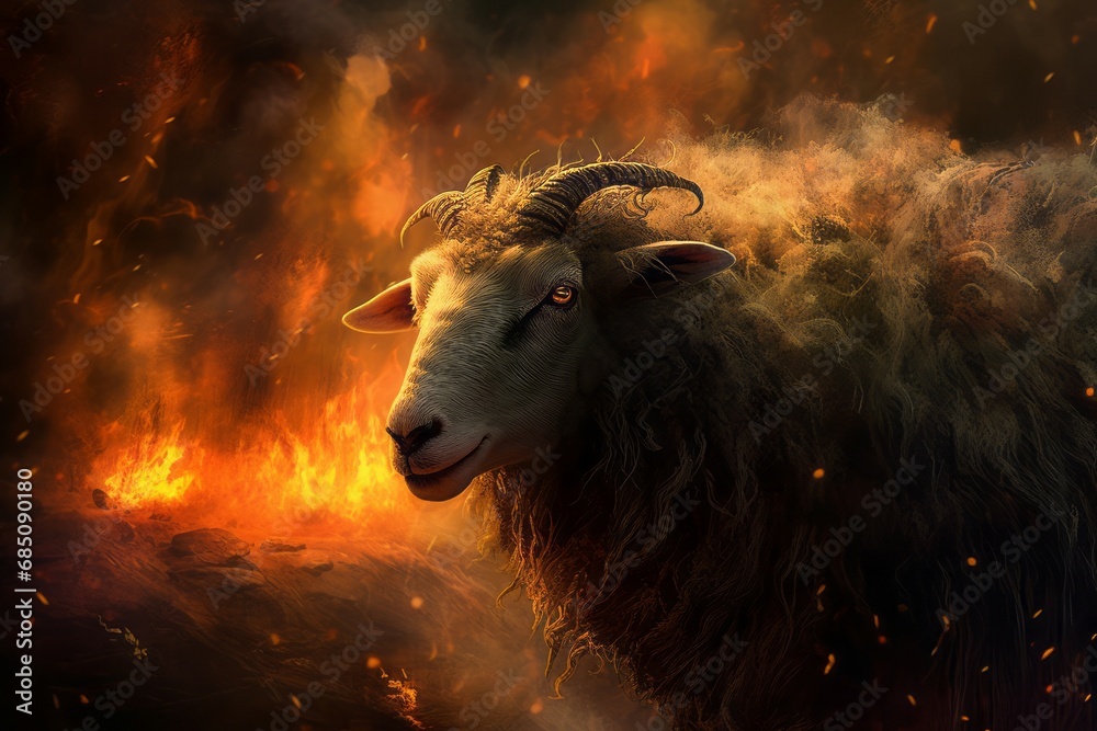 Nightmare sheep with orange fire flames. Terrified demonic creature with horn surrounded with fiery flames. Generate ai - obrazy, fototapety, plakaty 