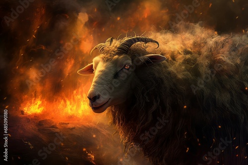 Nightmare sheep with orange fire flames. Terrified demonic creature with horn surrounded with fiery flames. Generate ai photo