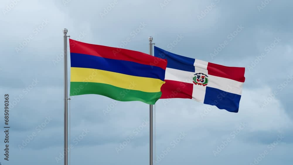 Dominican Republic flag and Mauritius flag waving together on cloudy sky, endless seamless loop, two country relations concept Dominican Republic flag and Mauritius flag waving together on cloudy sky, endless seamless loop, two country relations concept