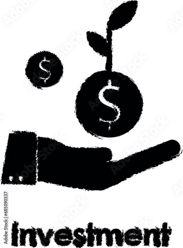 hand, dollar, sprout vector icon in grunge style
