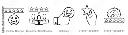 A set of 5 customer service icons as excellent service, customer satisfaction, satisfied
