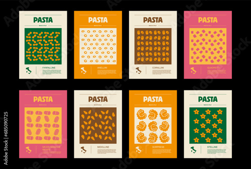 Italian macaroni types, labels for packages set. Farfalline, anellini, corallini, quadretti, mezze maniche rigate, midolline, sorprese, stelline pasta. Organic and natural product photo