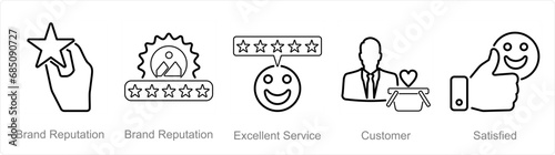 A set of 5 customer service icons as brand reputation, excellent service, customer