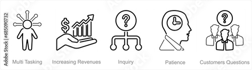 A set of 5 customer service icons as multi tasking, increasing revenues, inquiry