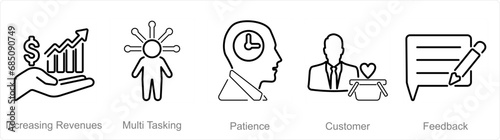 A set of 5 customer service icons as increasing revenues, musti tasking, patience