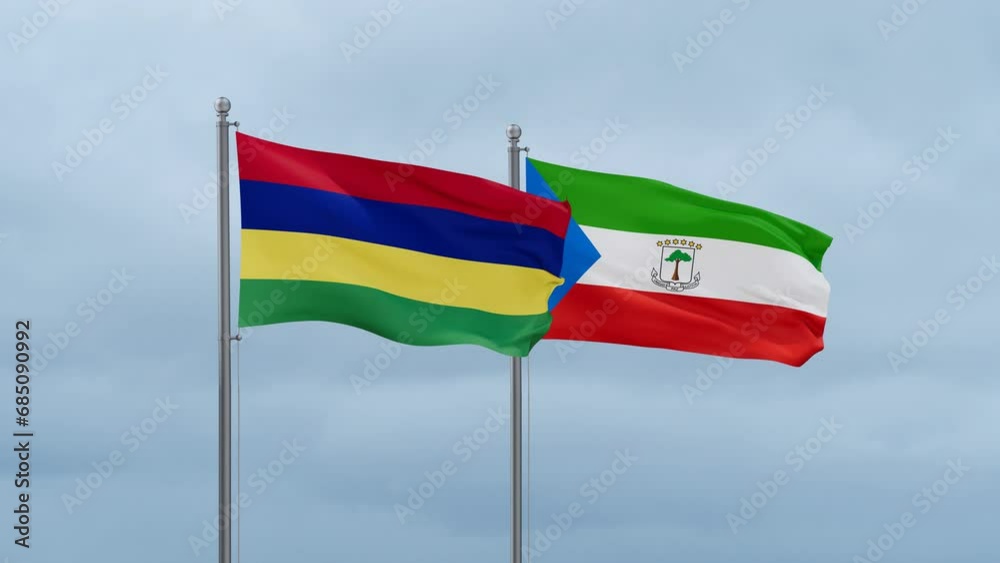 Equatorial Guinea flag and Mauritius flag waving together on cloudy sky, endless seamless loop, two country relations concept Equatorial Guinea flag and Mauritius flag waving together on cloudy sky, endless seamless loop, two country relations concept