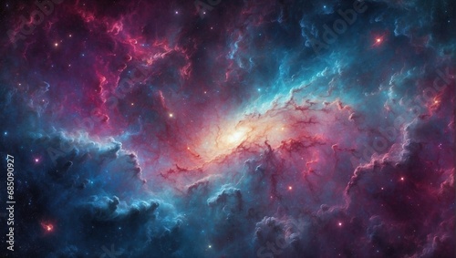 A vibrant nebula with hues of blue and pink, stars dotting the cosmic clouds