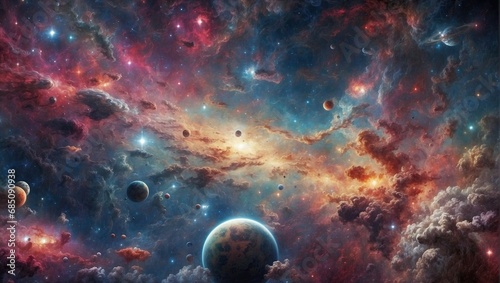 A cosmic galaxy scene with planets, stars, and colorful nebulae filling the vast space