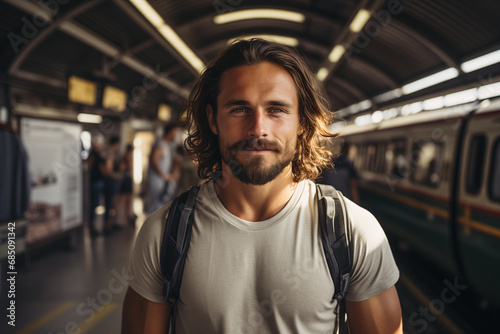 African American Lonely man with long hair against the train in the railway station at the background, Subway station, travel concept, business trip concept.