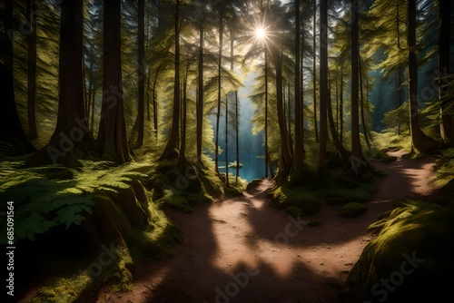 A secluded trail surrounded by towering trees  opening up to a hidden lake where the reflections of the surrounding landscape create a stunning visual symphony.