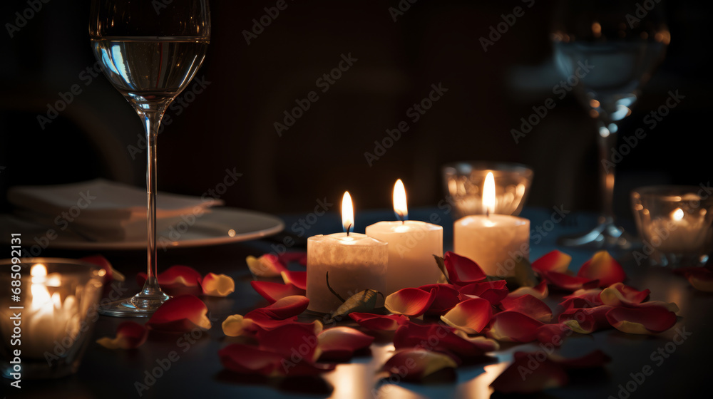 close up of Valentine's Day table setting with white plates, glasses, rose petals and candle light, romantic date dinner close up of Valentine's Day table setting with white plates, glasses, rose petals and candle light, romantic date dinner