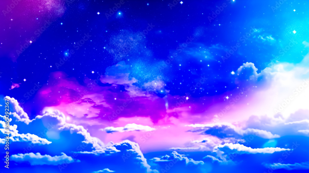 Night sky with clouds and stars in the sky with bright blue and pink hue.