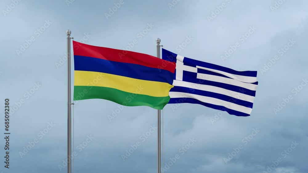 Greece flag and Mauritius flag waving together on cloudy sky, endless seamless loop, two country relations concept Greece flag and Mauritius flag waving together on cloudy sky, endless seamless loop, two country relations concept