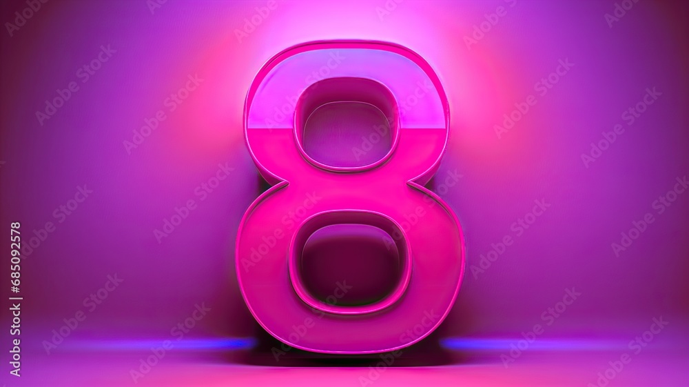 8, ocho, número escrito con el 8 rosa fucsia neón relieve centrado, 3D sobre fondo rosa fucsia satinado, visto de frente, ajustar colores, promoción, cartel oferta - obrazy, fototapety, plakaty 