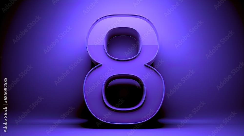 8, ocho, número escrito con el 8 violeta relieve centrado, 3D sobre fondo violeta satinado, visto de frente, ajustar colores, legitimidad, cartel causa mujer - obrazy, fototapety, plakaty 
