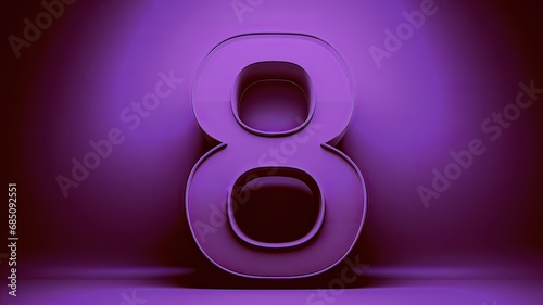 Tela 8, ocho, número escrito con el 8 morado lila relieve centrado, 3D sobre fondo mo