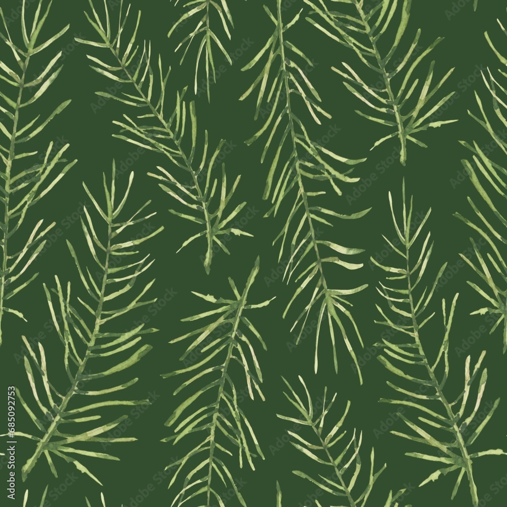 Seamless pattern with watercolor fir branches on a green background. Used for printing gift wrapping paper, textile and fabric.