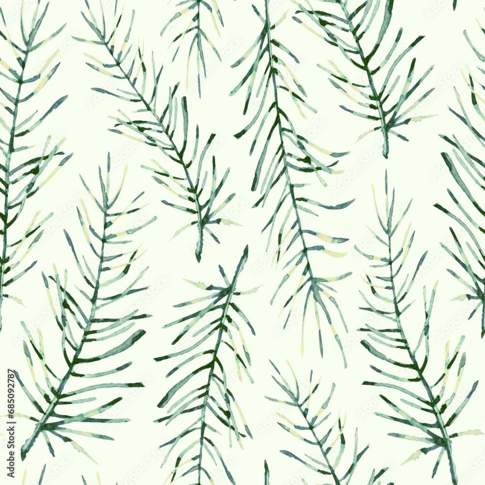 Seamless pattern with watercolor fir branches on a beige background. Used for printing gift wrapping paper, textile and fabric.
