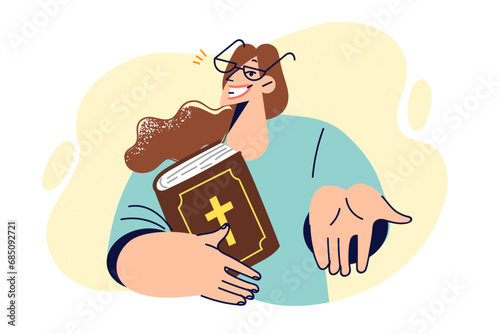 Woman holds bible and inviting to church and wanting to provide charitable assistance