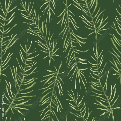 Seamless pattern with watercolor fir branches on a green background. Used for printing gift wrapping paper, textile and fabric.