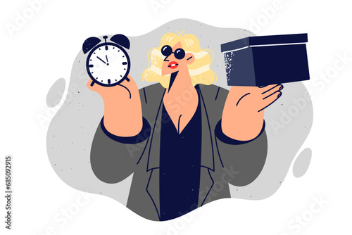 Mysterious woman with package and alarm clock reminds you of importance of delivering box on time