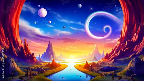 Painting of alien landscape with planets and river in the foreground.