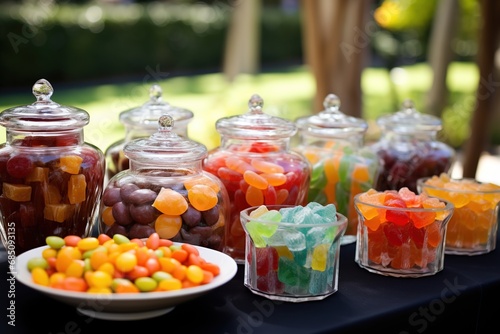 Candy bar food buffet, during hotel brunch, catering in the garden, food bloggers event, banquet, wedding, festive sweet dessert celebration party
