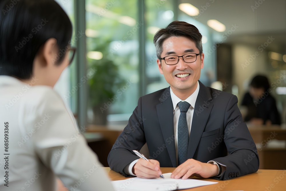 happy Korean male bank or insurance agent, Korea man lawyer making contract deal with client at work. generative AI happy Korean male bank or insurance agent, Korea man lawyer making contract deal with client at work. generative AI