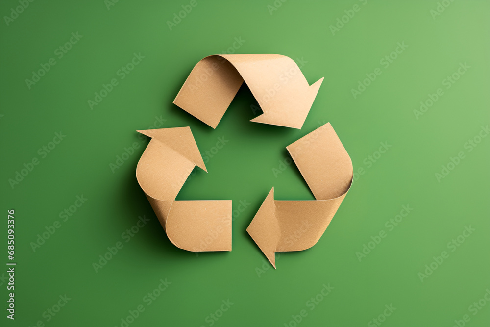 Recycling symbol cut out of kraft paper on green background, top view. Generated AI