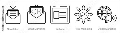 A set of 5 digital marketing icons as newsletter, email marketing, website