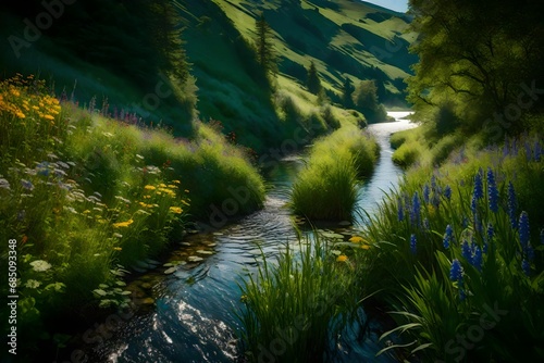 A narrow trail beside a babbling brook  lined with vibrant wildflowers  opening up to a breathtaking view of a peaceful lake framed by emerald hills.