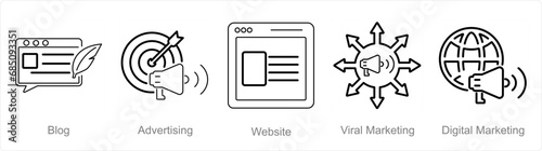A set of 5 digital marketing icons as blog, advertising, website