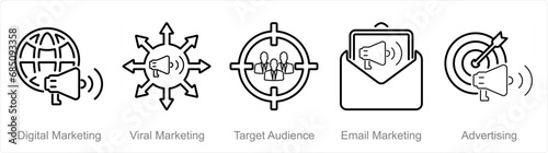 A set of 5 digital marketing icons as digital marketing, viral marketing, target audience