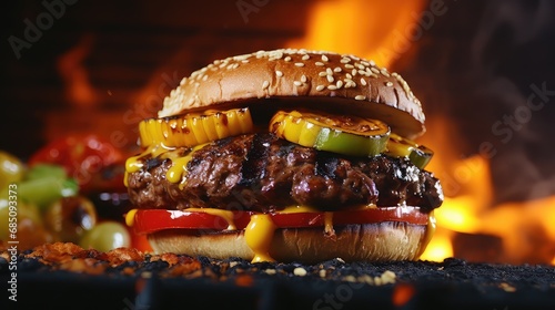 grill barbecue burger food close illustration meat delicious, tasty flame, smoke sizzle grill barbecue burger food close photo
